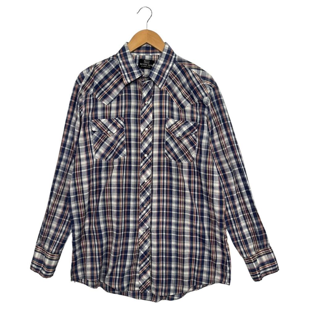 Vintage Sears Western Wear Shirt Mens XL Blue Plaid Pearl Snap Cowboy 70s Retro